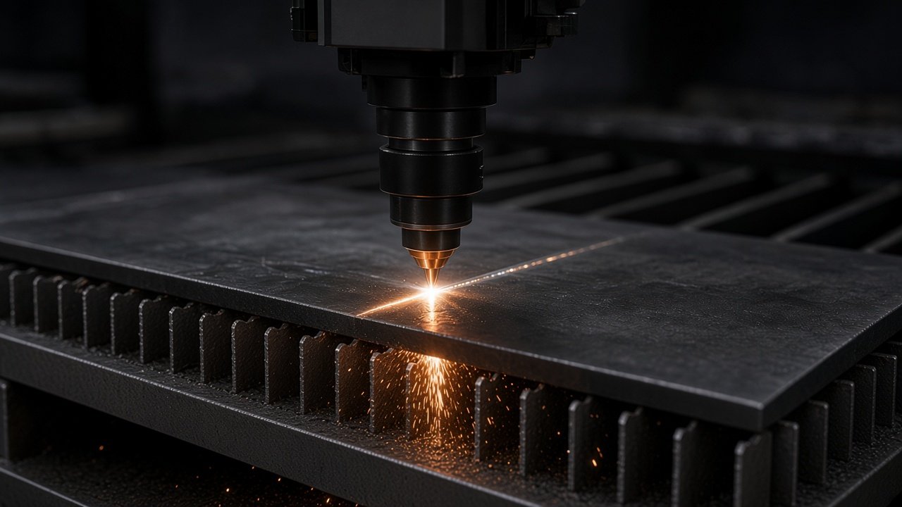 Fibre laser head cutting steel plate on a slatted bed